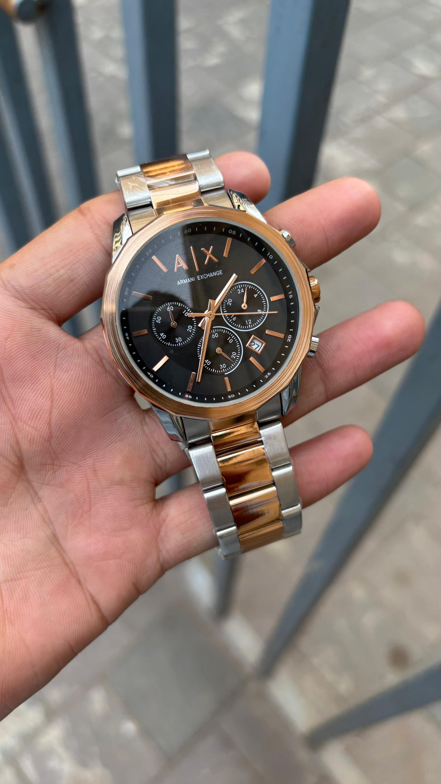 Armani Exchange Black Dial Chronograph Twotone Metal Belt Men's Watch