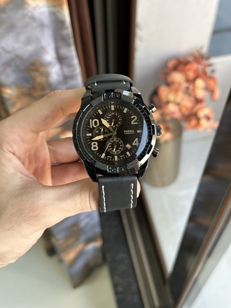 Fossil Black Dial Chronograph Leather Belt Watch For Men's