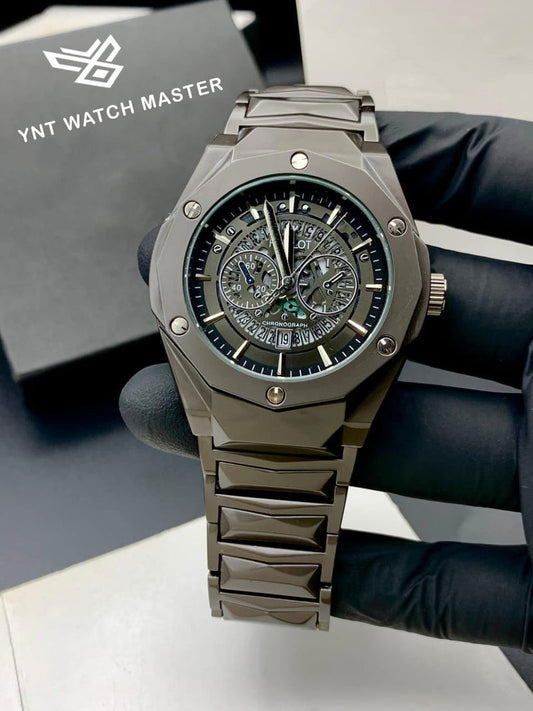 Hublot Black Dial Diamond Cut Timepiece With Date Metal Belt Men's Watch