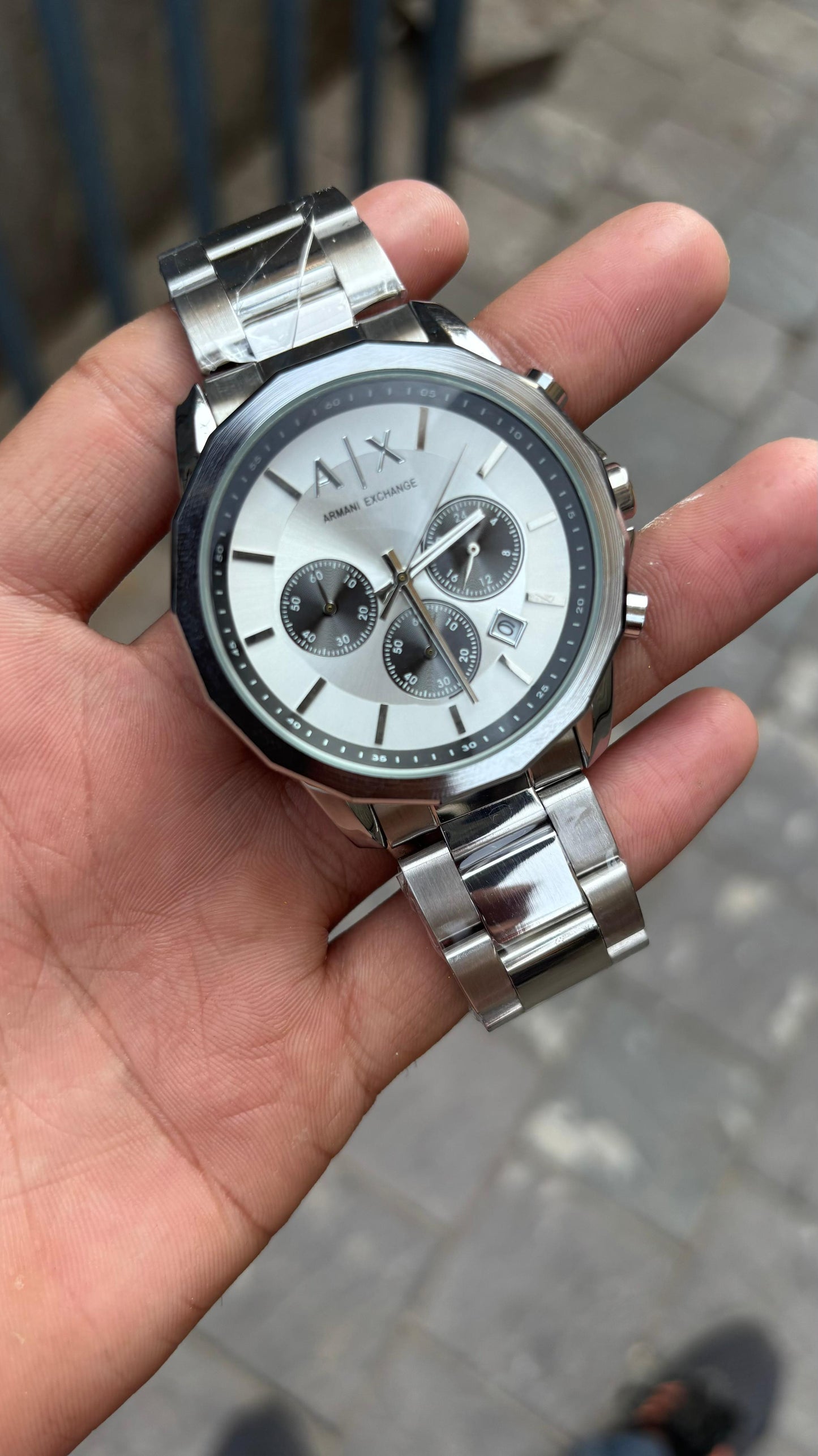 A X White Dial Chronograph Metal Belt Men's Watch