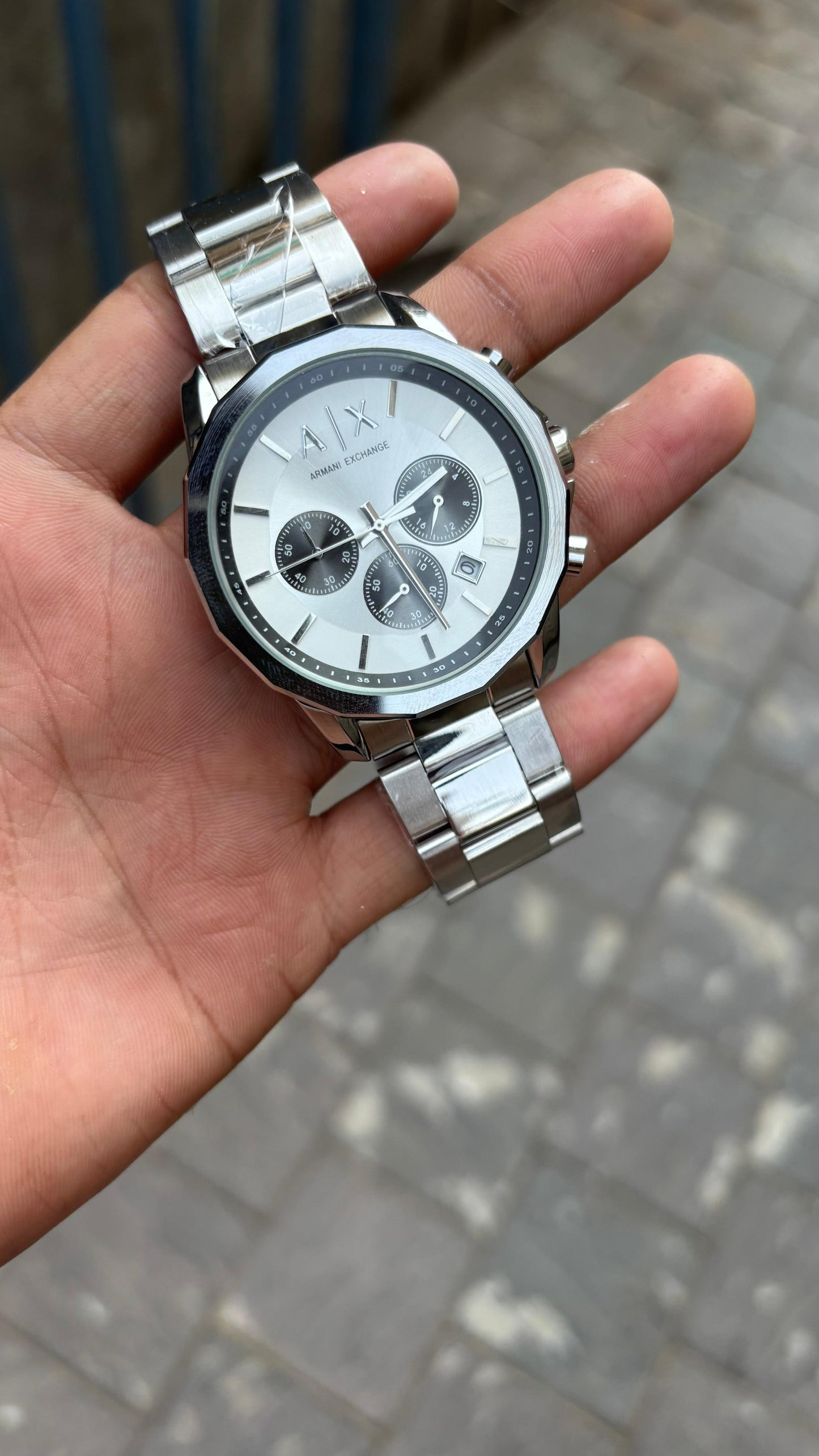 A X White Dial Chronograph Metal Belt Men's Watch