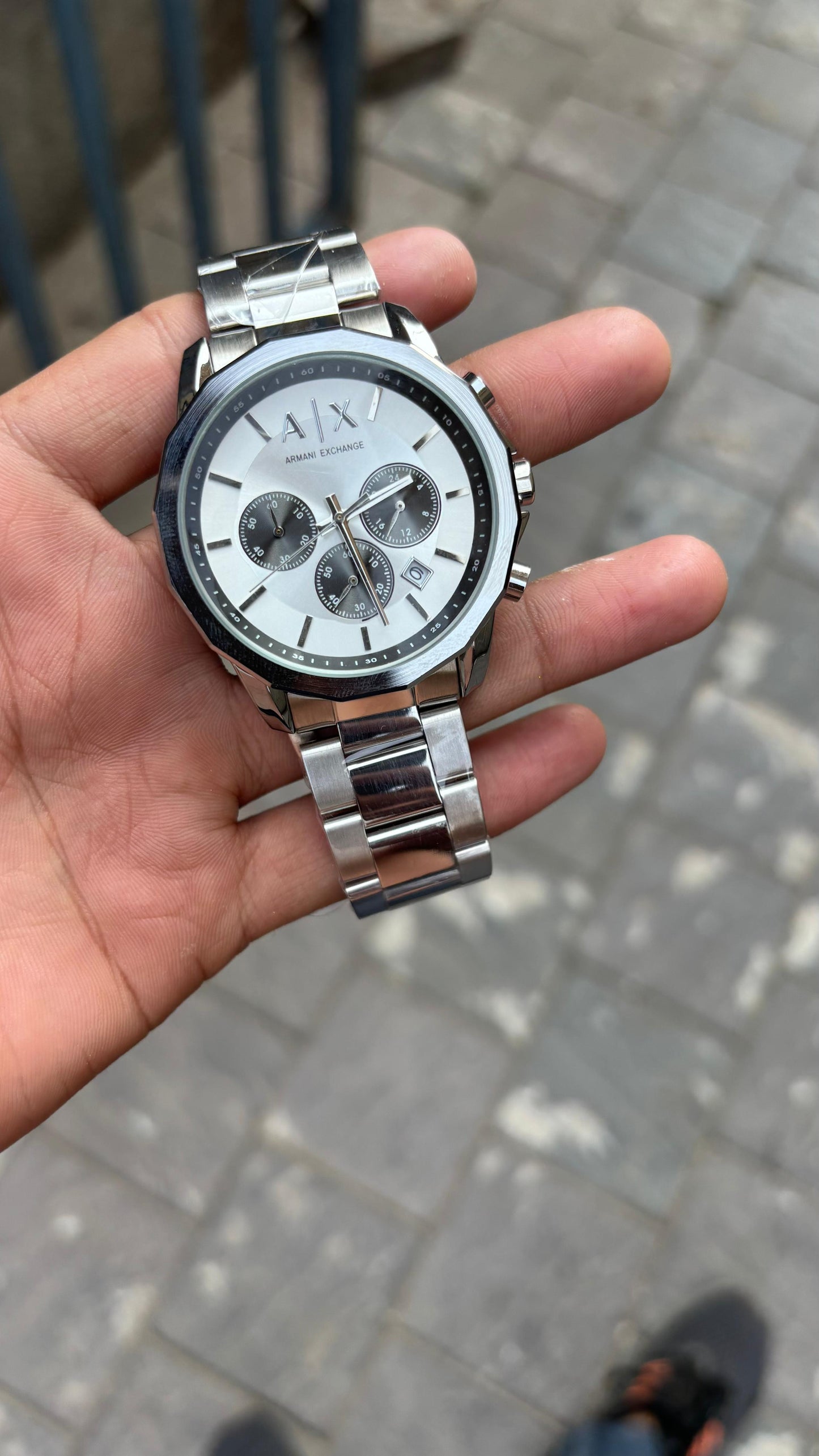 A X White Dial Chronograph Metal Belt Men's Watch