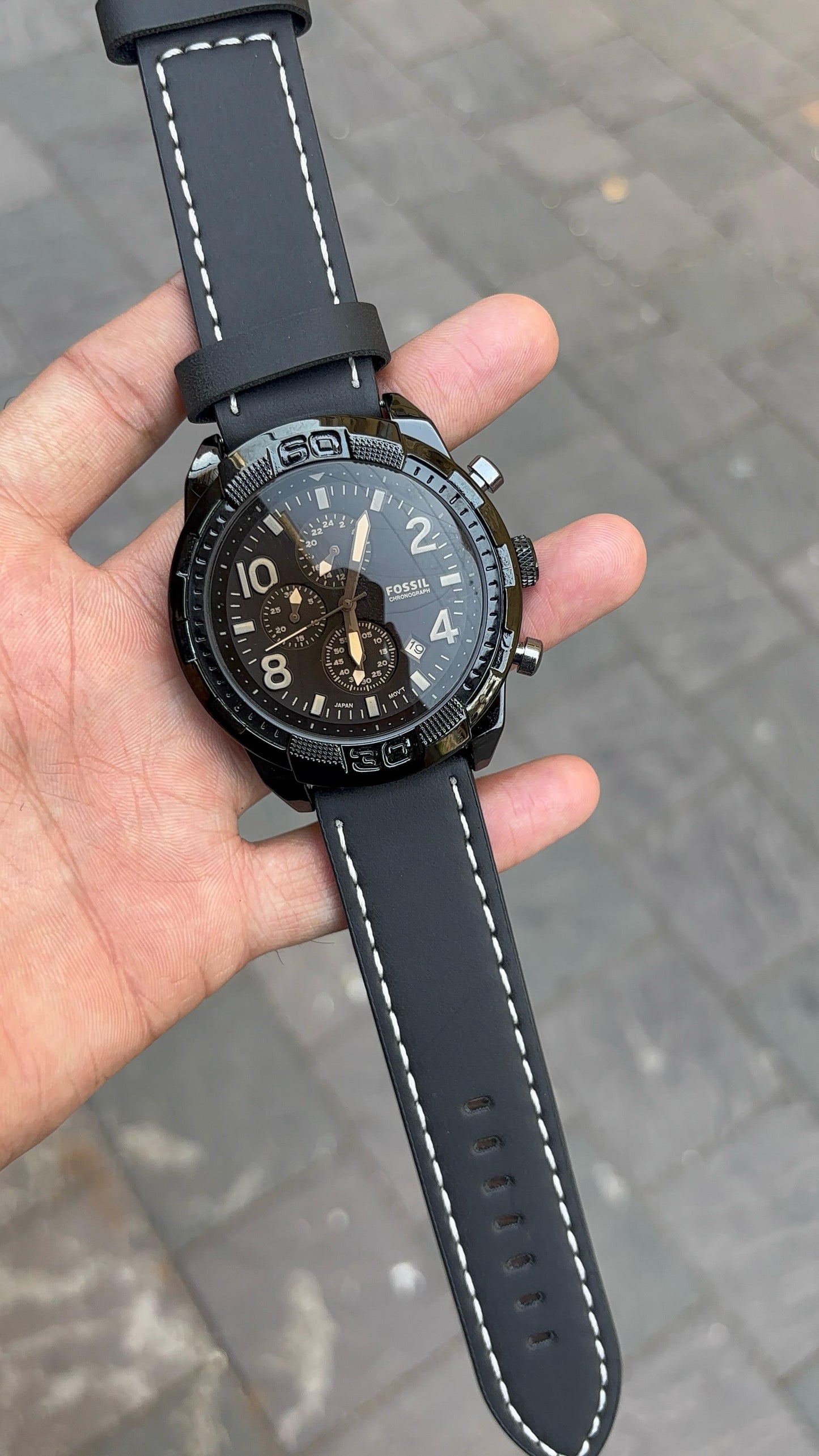 Fossil Black Dial Chronograph Leather Belt Watch For Men's