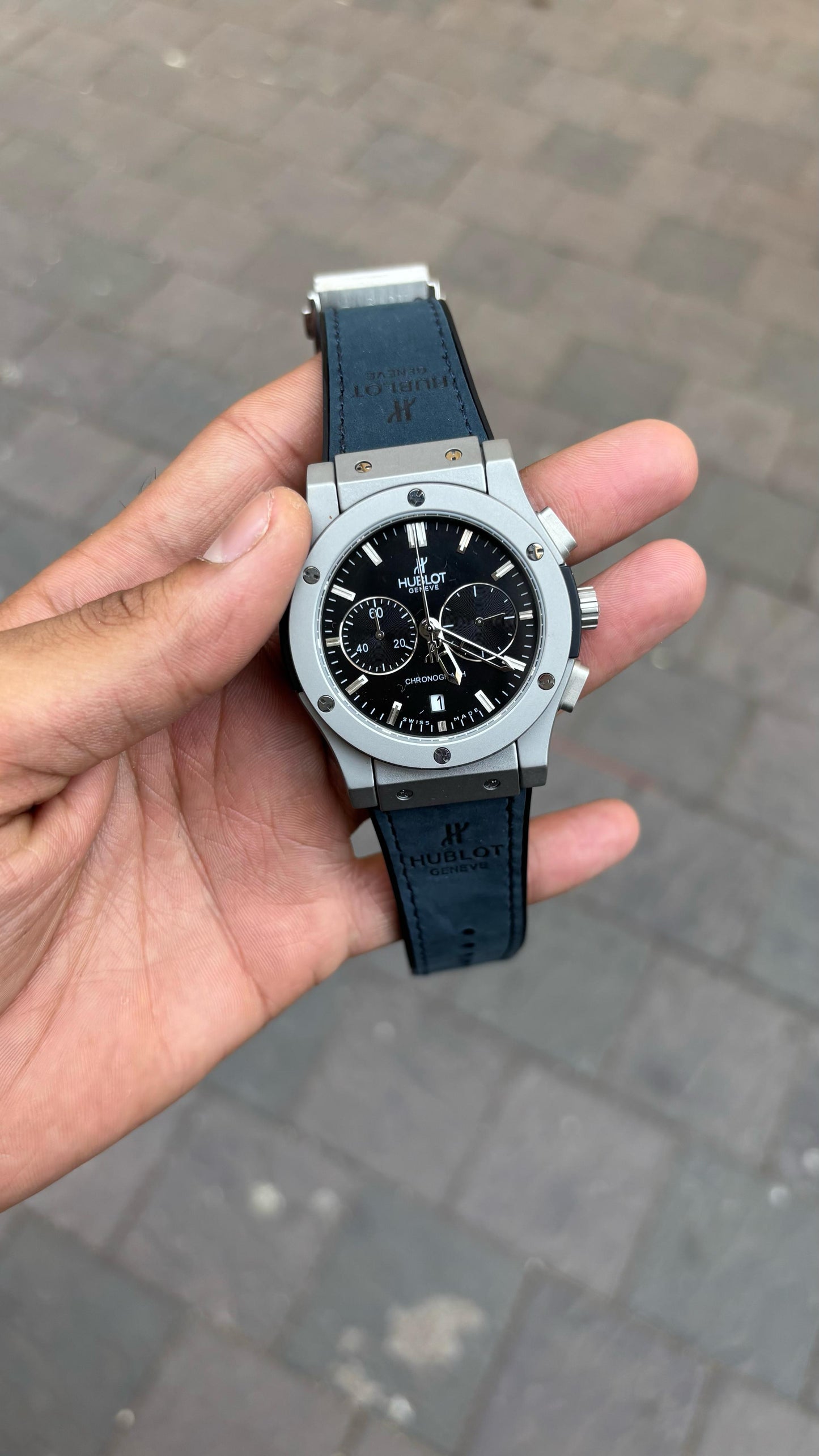 Hublot Silver Black Dial Chronograph Blue Leather Belt Watch For Men's