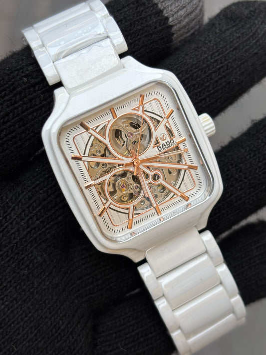 Rado White Dial Ceramic Automatic Open Heart Watch For Men's