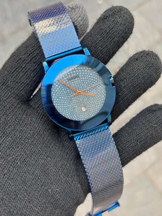 Rado Swiss Time Blue Round Dial Mens Analog Wrist Watch