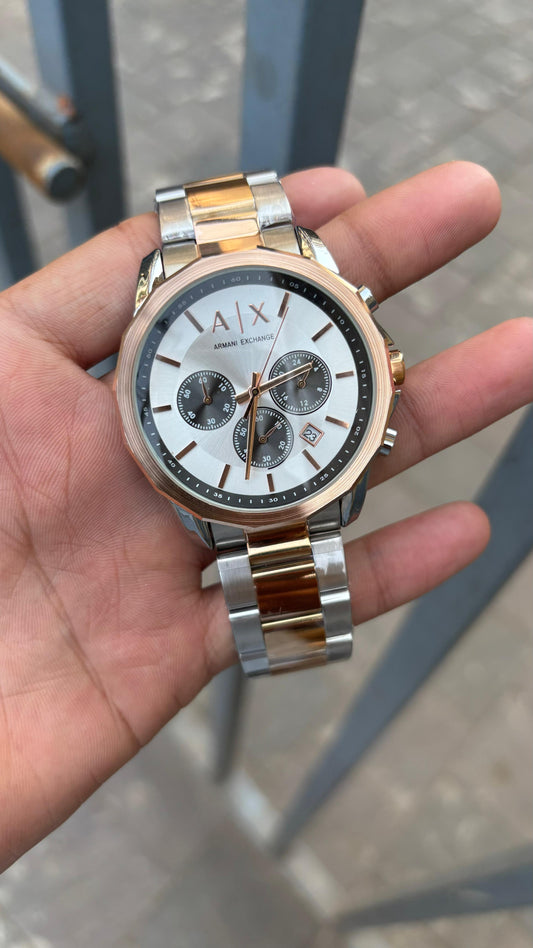 A X White Dial Chronograph Two Tone Metal Belt Watch For Men's
