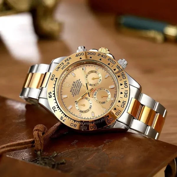 Ro-le-x Automatic Golden Dial Analog Chronograph Chain Metal Men's Watch