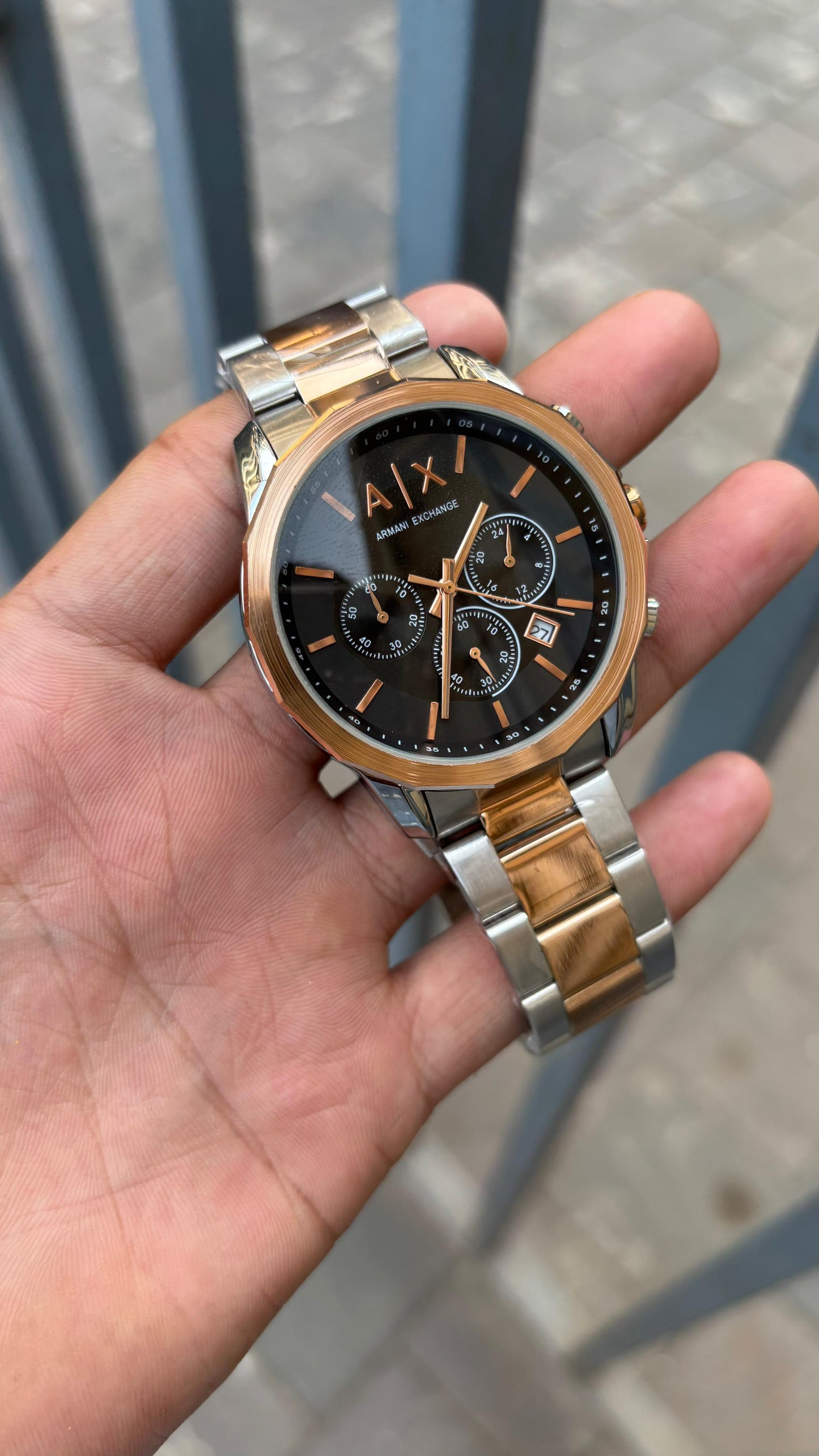 Armani-Ex-change Black Dial Chronograph Two-tone Metal Belt Men's Watch