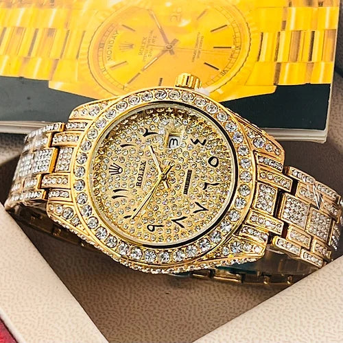 Ro-le-x Men’s Analog Gold Arabic Numerals Diamond Watch
