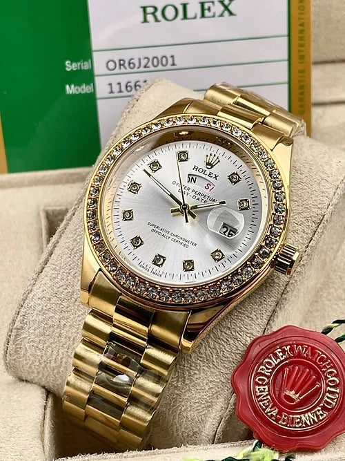 Rol-ex White Gold Analog Quartz Chain Metal Round Case Date Gift Watch