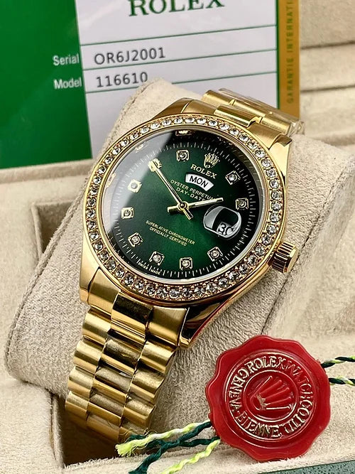 Rol-ex Green Dial Analog Quartz Chain Metal Round For Men's Watch