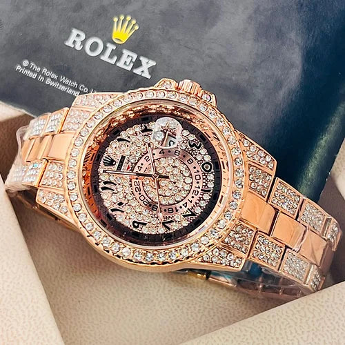 Ro-le-x Men’s Analog Rose gold Arabic Sky Dweller Diamond Watch