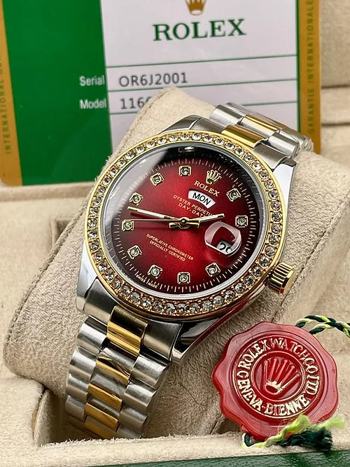 Rol ex Red Dial Metal Belt Analog Quartz Movement Case Date Gift Men's Watch