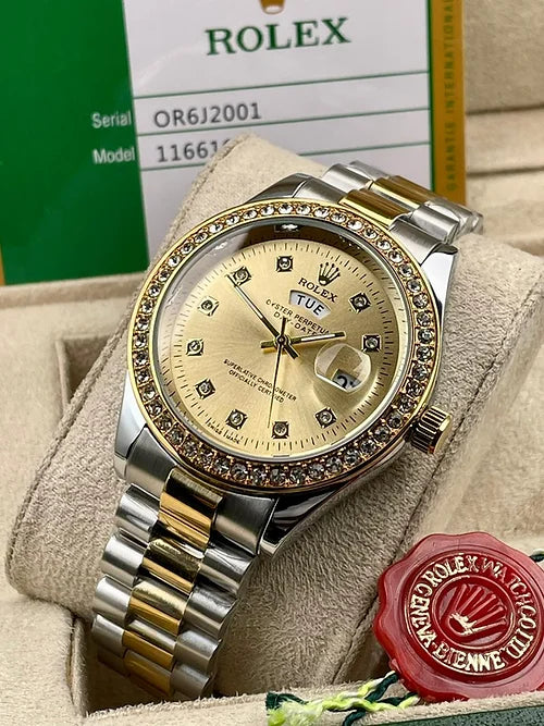 Rol-ex Gold Dial Analog Quartz Chain Metal Round Men's Watch