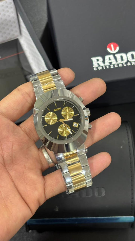 Rado Diastar Black Gold Dial Chronograph Steel High Quality Watch For Men's