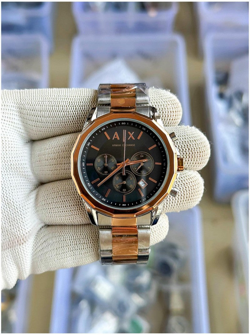 Armani-Ex-change Black Dial Chronograph Two-tone Metal Belt Men's Watch