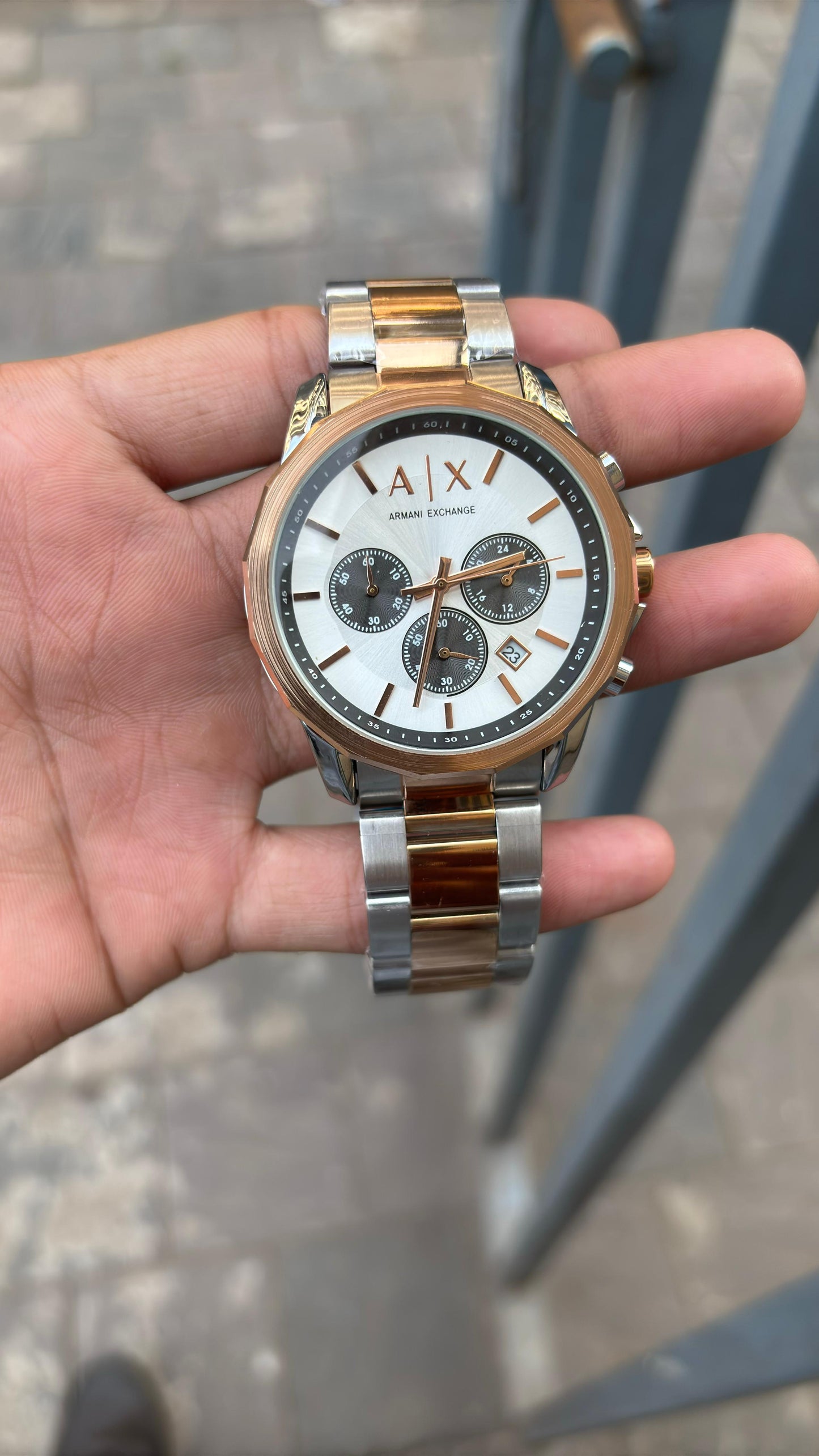 Armani Exchange White Dial Chronograph Two Tone Metal Belt Watch For Men's