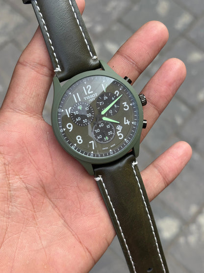 Tissot Green Dial Chronograph Leather Belt Watch For Men's