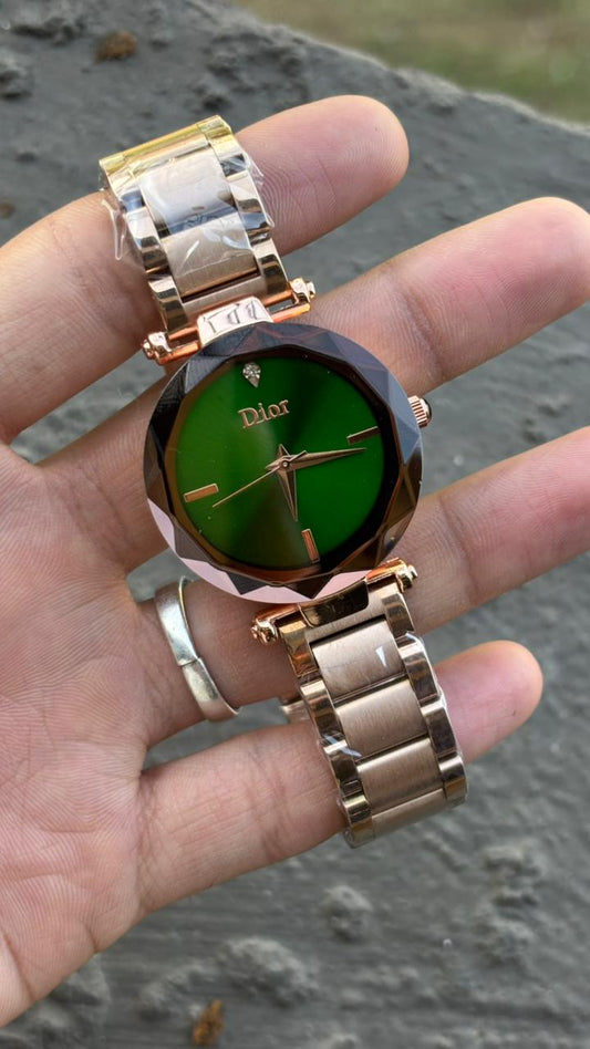 Dior Diamond Cut Green Dial Metal Belt Women's Watch