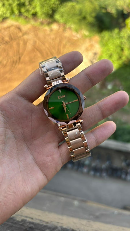 Dior Diamond Cut Green Dial Metal Belt Women's Watch