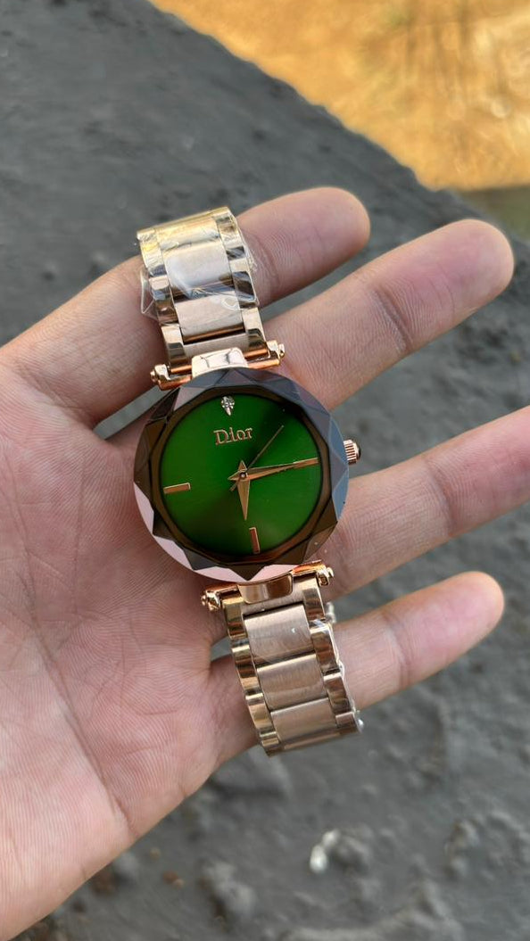 Dior Diamond Cut Green Dial Metal Belt Women's Watch