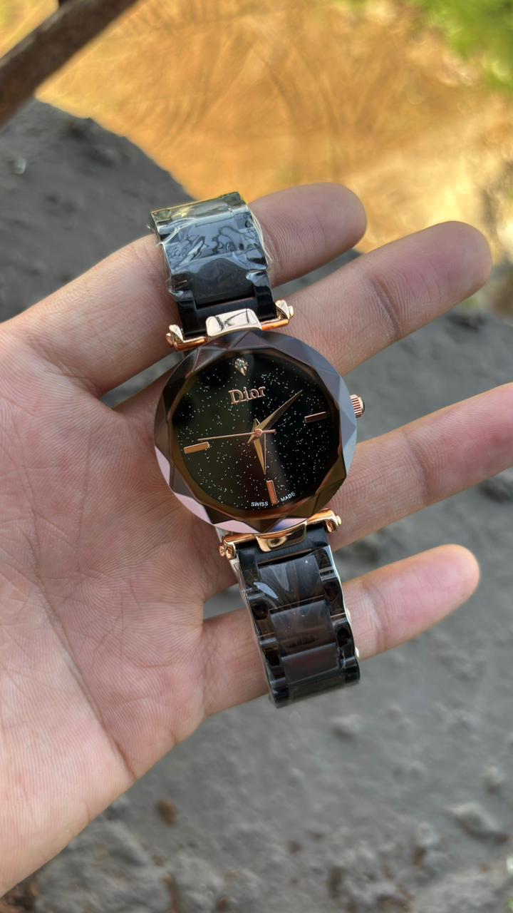 Dior Diamond Shape Black Dial Metal Belt Watch For Women's