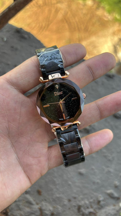 Dior Diamond Shape Black Dial Metal Belt Watch For Women's