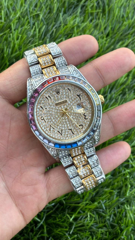 Ro-lex Analog Rainbow Dial Arabic Numerals Diamond Men’s Watch