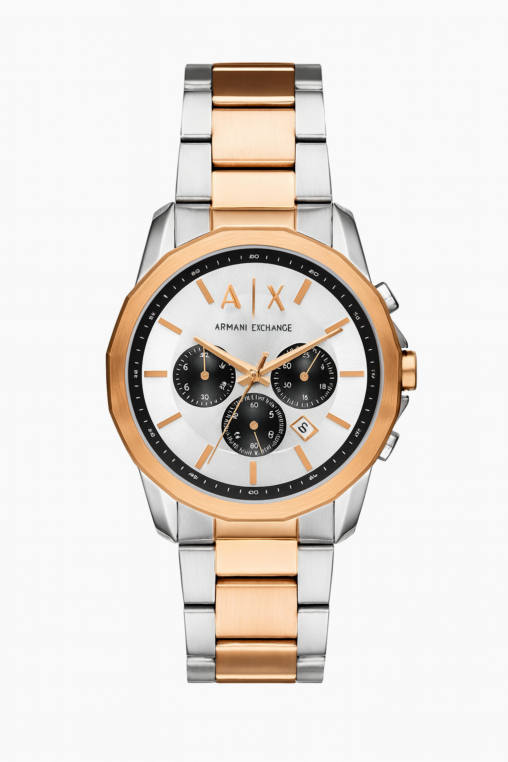 Armani-Ex-change White Dial Chronograph Two Tone Metal Belt Watch For Men's