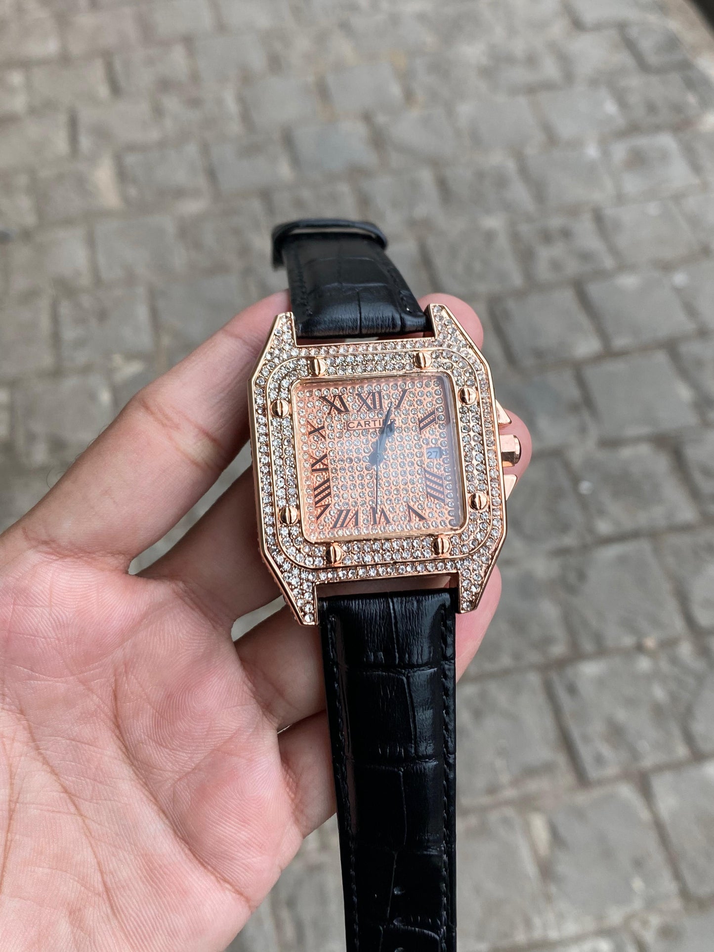 Cartier Full Diamond Rose Gold Dial Leather Belt Men's Watch