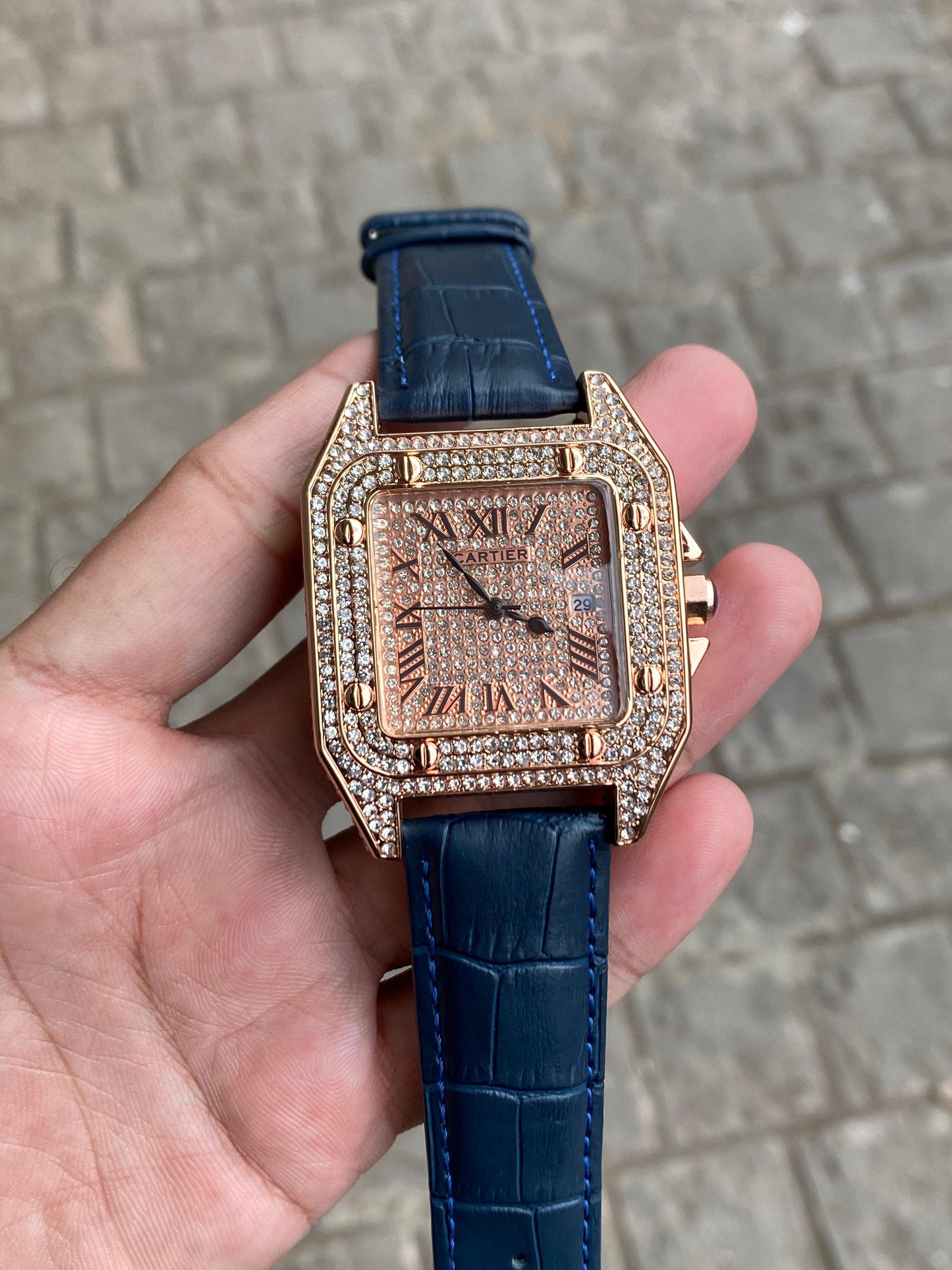 Cartier Full Diamond Rose Gold Leather Belt Men's Watch