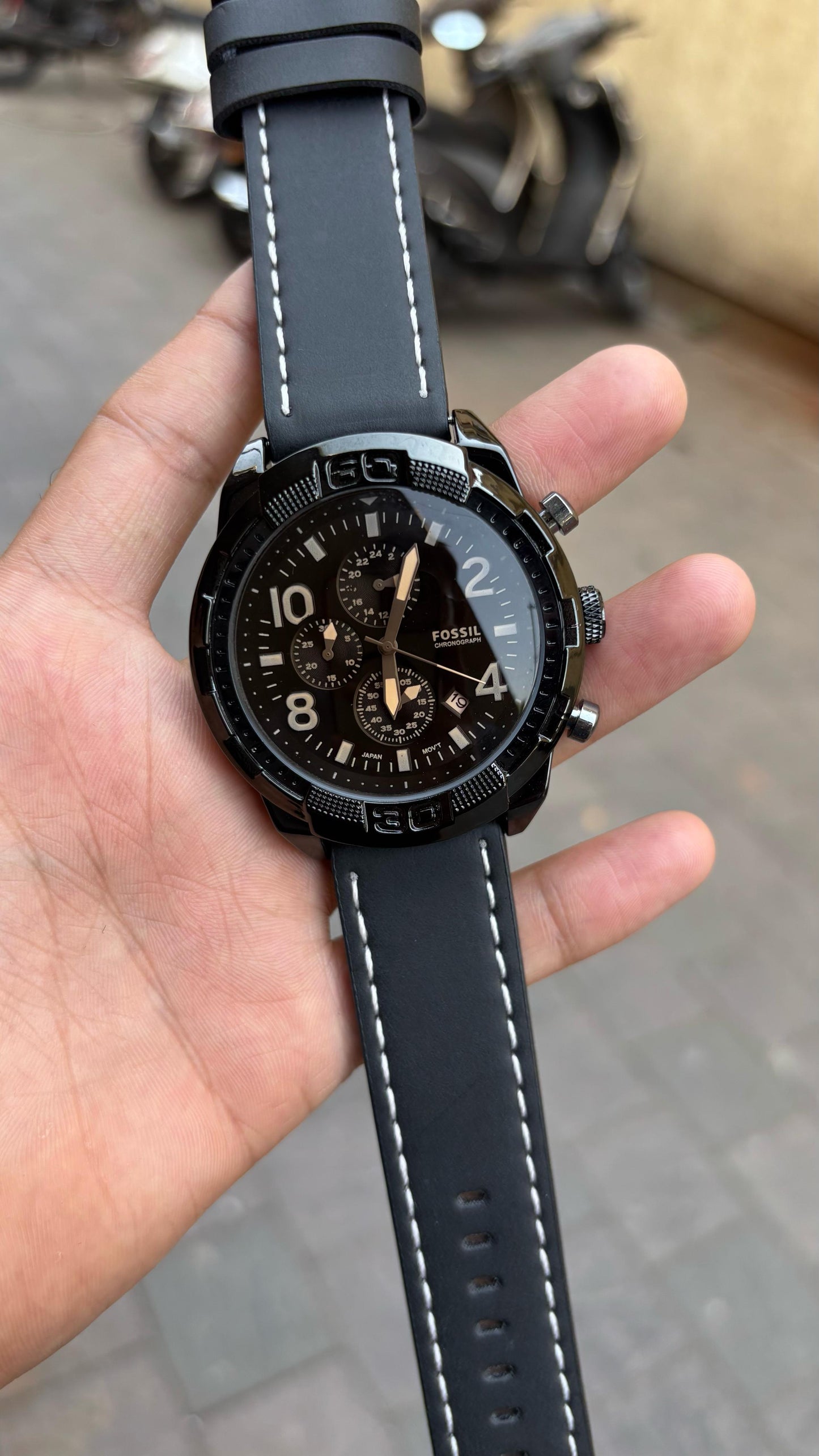 Fossil Black Dial Chronograph Leather Belt Watch For Men's