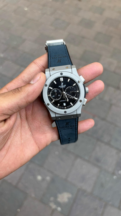 Hublot Silver Black Dial Chronograph Blue Leather Belt Watch For Men's