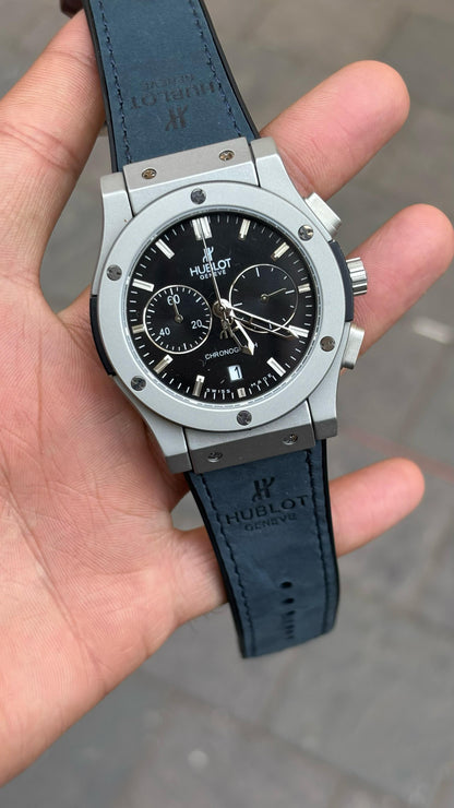 Hublot Silver Black Dial Chronograph Blue Leather Belt Watch For Men's