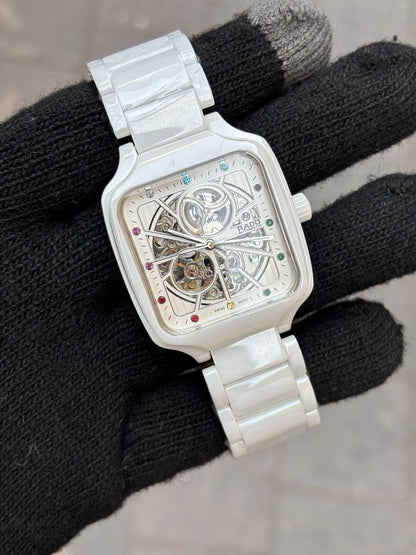 Rado White Rainbow Dial Ceramic Automatic Open Heart Watch For Men's
