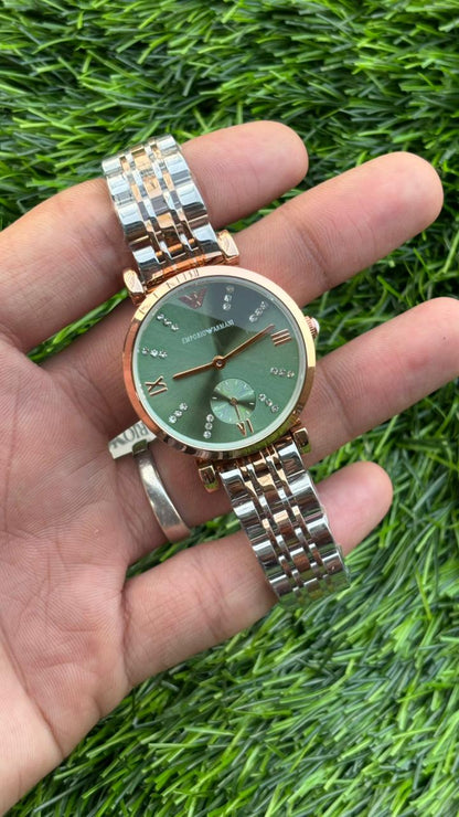 Emporio Armani Green Dial Chronograph Watch For Women's