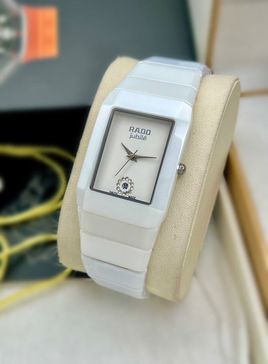 Rado Square Silver White Dial Ciramic Belt Men's Watch