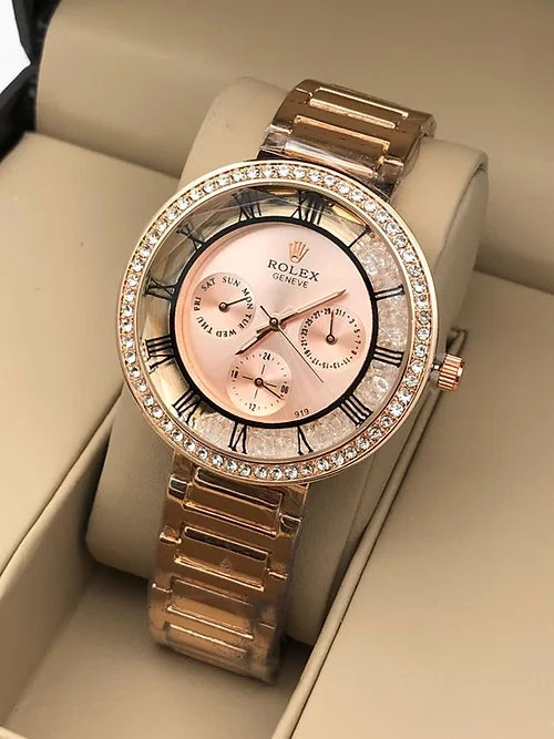 Rolex Rose Gold Dial Metal Belt Women Watch