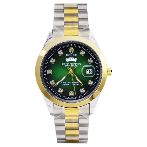 Rolex green dial dual tone chain with day date display analog watch for men