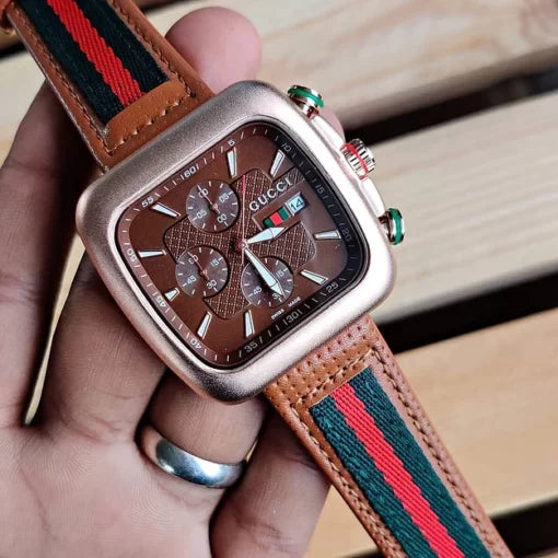 Gu-cci Brown Dial Chronograph Leather Belt For Men’s watch