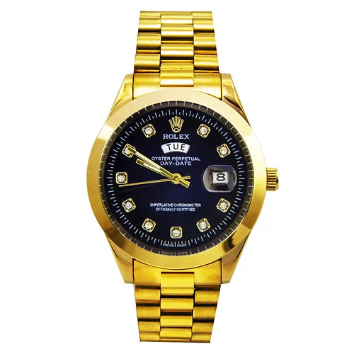 Rolex blue dial gold chain day date display analog watch for men's