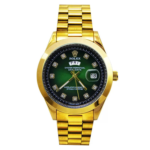 Rolex green dial gold chain with day date display analog watch for men's