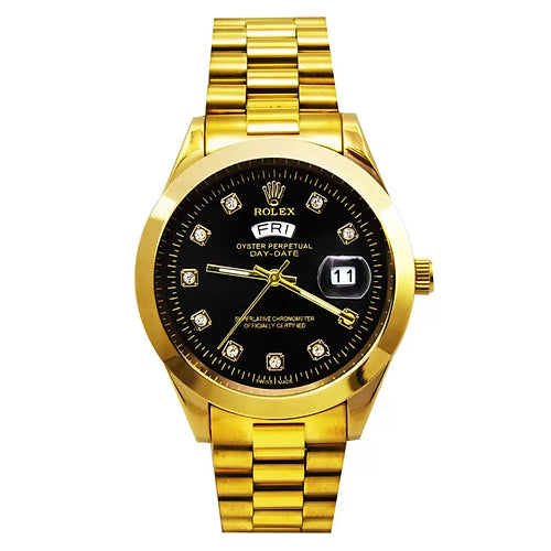 Rolex black dial gold chain with day date display analog watch for men's