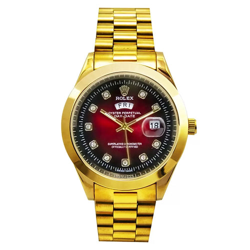 Rolex red dial gold chain with day date display analog watch for mens