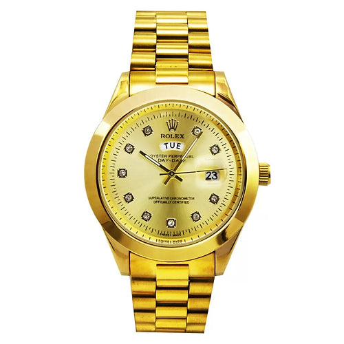 Rolex gold dial gold bezel gold chain with day date display analog watch for men