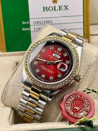 Rol ex Red Dial Metal Belt Analog Quartz Movement Case Date Gift Men's Watch