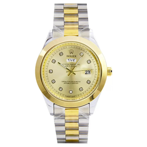 Rolex gold dial dual tone gold silver stainless steel chain with day-date displa