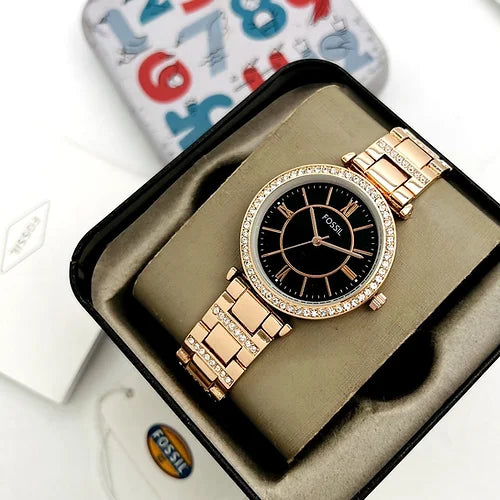 Foosil Black And Rose Gold Diamond Strap Watch For Women's