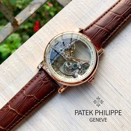 Patek Philippe Automatic Rose Gold Transparent Dial Leather Strap Men watchworld